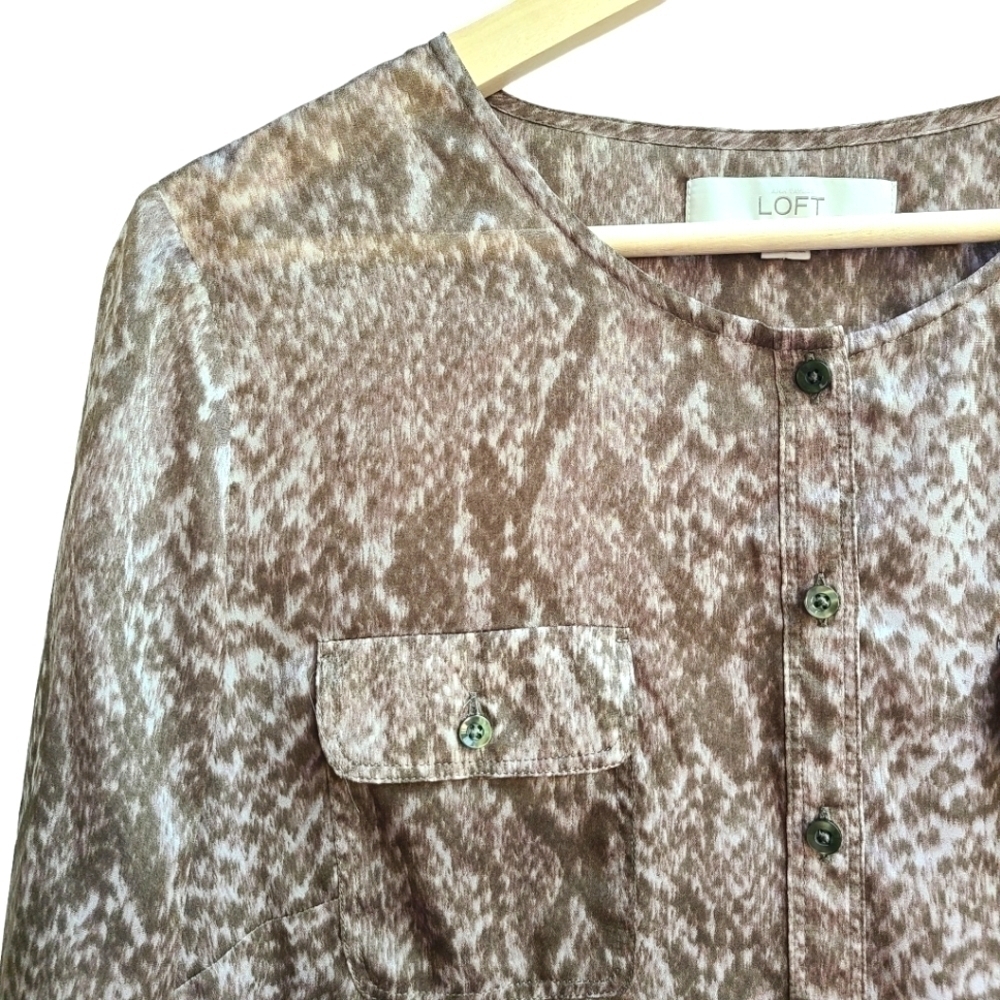Ann Taylor LOFT | Semi-sheer Snake Print Henley Tunic Blouse, Size Large - Picture 4 of 7